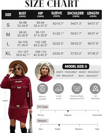 Rochie casual tricotata pentru femei deasupra la genunchi, mâneci lungi, rosie, L [5]