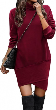 IMBRACAMINTE - Rochie casual tricotata pentru femei deasupra la genunchi, mâneci lungi, rosie, L