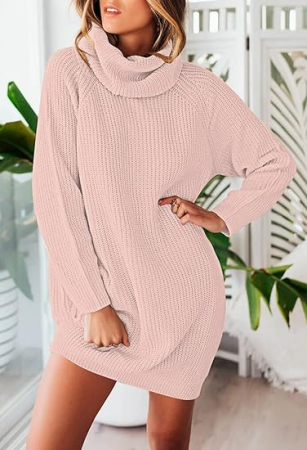 Rochie bej casual tricotata pentru femei, supradimensionata, guler larg, S [3]