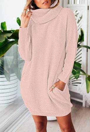 Rochie bej casual tricotata pentru femei, supradimensionata, guler larg, S [2]