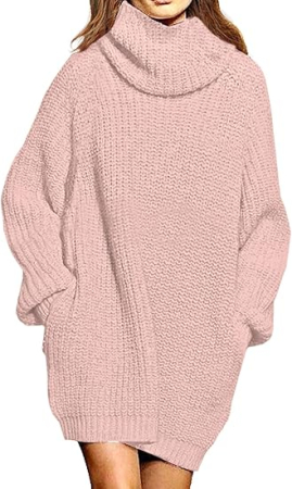 ROCHII - Rochie bej casual tricotata pentru femei, supradimensionata, guler larg, S