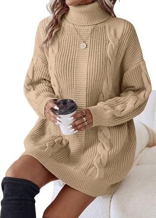 Rochie casual tricotata pentru femei, mâneci lungi, crem M [2]