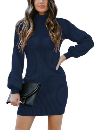 ROCHII - Rochie casual tricotata pentru femei, mâneci lungi, albastra XL