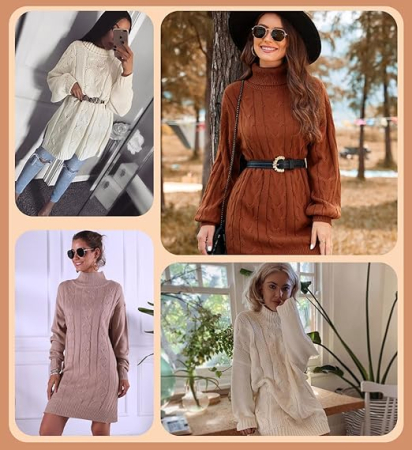 Rochie casual tricotata pentru femei, mâneci lungi, Bej L [5]