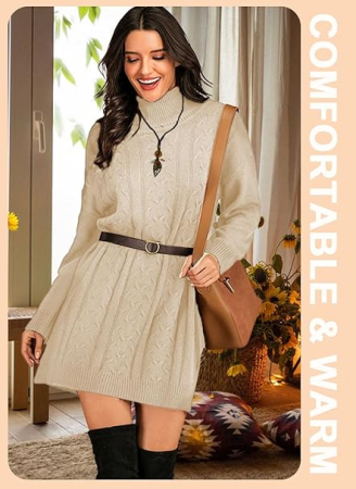 Rochie casual tricotata pentru femei, mâneci lungi, Bej L [3]