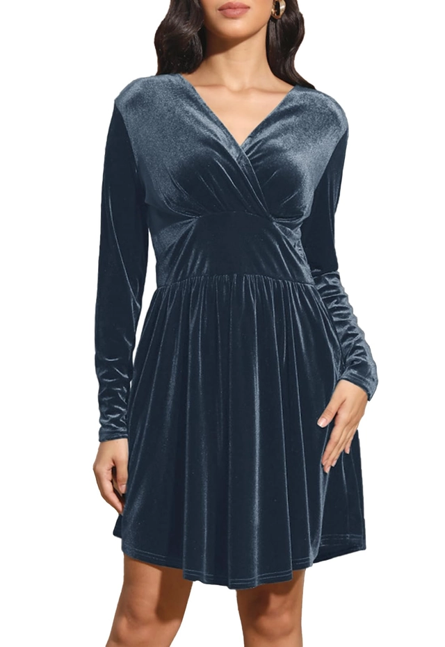 ROCHII - Rochie eleganta din catifea pentru femei peste genunchi, mâneci lungi, albastra L