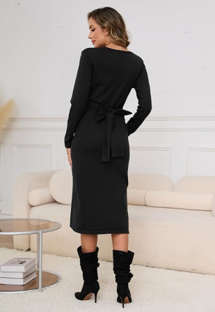 Rochie casual tricotata pentru femei peste genunchi, mâneci lungi, neagra, L [1]