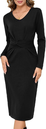 ROCHII - Rochie casual tricotata pentru femei peste genunchi, mâneci lungi, neagra,M