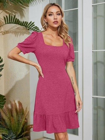 Rochie casual vaporoasa, de zi cu zi, maneci scurte, decolteu patrat, Roz S [2]