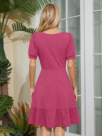 Rochie casual vaporoasa, de zi cu zi, maneci scurte, decolteu patrat, Roz S [4]