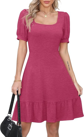 ROCHII - Rochie casual vaporoasa, de zi cu zi, maneci scurte, decolteu patrat, Roz S