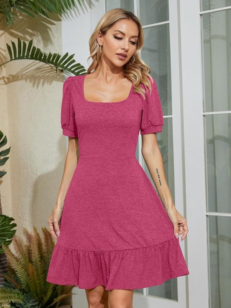 Rochie casual vaporoasa, de zi cu zi, maneci scurte, decolteu patrat, Roz S [3]
