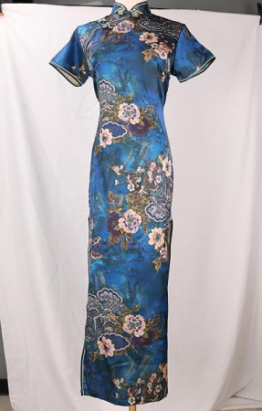 Rochie damă tip Cheongsam, midi, cu guler Mandarin, mâneci scurte, croi cambrat și șliț lateral – albastra 40, 2XL [1]