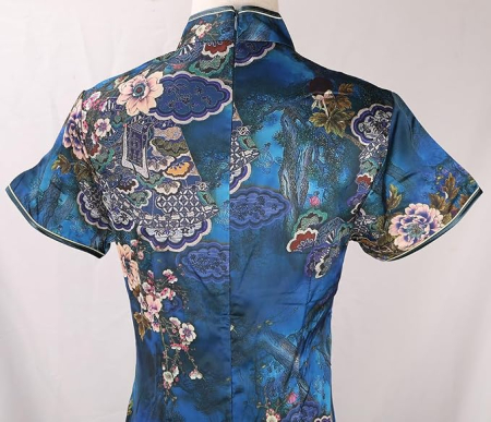 Rochie damă tip Cheongsam, midi, cu guler Mandarin, mâneci scurte, croi cambrat și șliț lateral – albastra 40, 2XL [5]