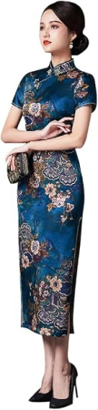 ROCHII - Rochie damă tip Cheongsam, midi, cu guler Mandarin, mâneci scurte, croi cambrat și șliț lateral – albastra 40, 2XL