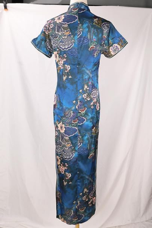 Rochie damă tip Cheongsam, midi, cu guler Mandarin, mâneci scurte, croi cambrat și șliț lateral – albastra 40, 2XL [3]