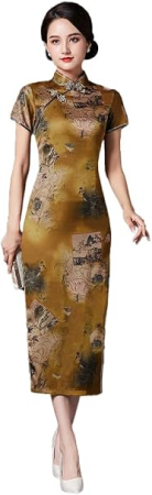 ROCHII - Rochie damă tip Cheongsam, midi, cu guler Mandarin, mâneci scurte, croi cambrat și șliț lateral – galben 36, L