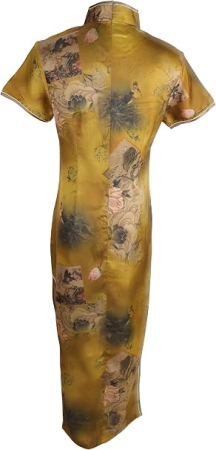 Rochie damă tip Cheongsam, midi, cu guler Mandarin, mâneci scurte, croi cambrat și șliț lateral – galben 36, L [2]