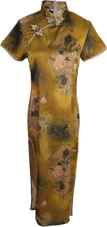 Rochie damă tip Cheongsam, midi, cu guler Mandarin, mâneci scurte, croi cambrat și șliț lateral – galben 36, L [1]