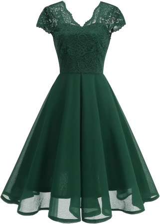 ROCHII - Rochie verde Damă Cocktail Midi din Dantelă, Croi A-Line, Decolteu în V, Mâneci Scurte, Elegantă, M