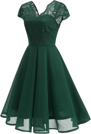 Rochie verde Damă Cocktail Midi din Dantelă, Croi A-Line, Decolteu în V, Mâneci Scurte, Elegantă, M [2]
