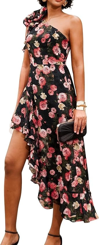ROCHII - Rochie eleganta lunga, pe un umar, cu fante, fără mâneci, 2XL, flori pe negru
