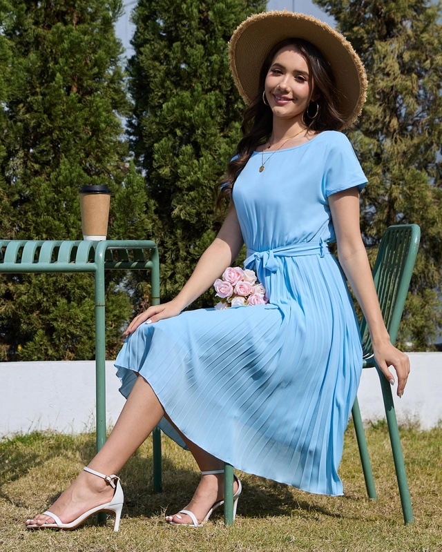 Rochie de vara cu talie inalta, cu maneci scurte, cordon talie, albastra XL [3]