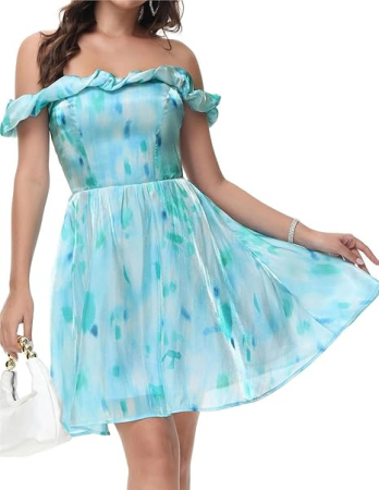 ROCHII - Rochie de vara peste genunchi  cu maneci lungi, albastra, L