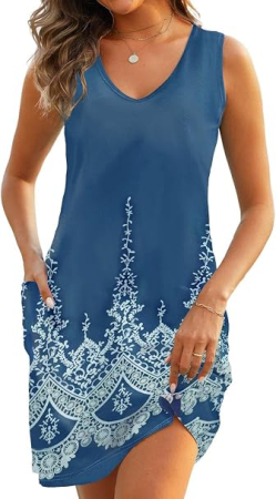 ROCHII - Rochie de Vară albastra Damă Joligiao, Decolteu în V, Fără Mâneci, cu Buzunare, S