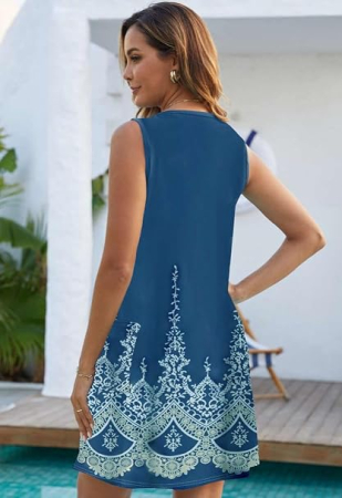 Rochie de Vară albastra Damă Joligiao, Decolteu în V, Fără Mâneci, cu Buzunare, S [3]