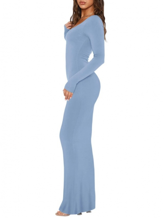 Rochie elastica, mulata, lunga, cu maneci lungi, albastra, L [2]