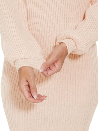 Rochie tricotata elastica, mulata, scurta, cu maneci lungi, bej, S [5]