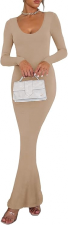 Rochie elastica, mulata, lunga, cu maneci lungi, bej, L [1]