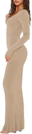 Rochie elastica, mulata, lunga, cu maneci lungi, bej, L [2]