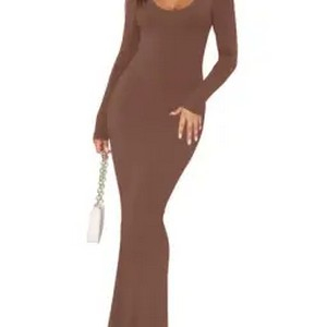 ROCHII - Rochie elastica, mulata, lunga, cu maneci lungi, Maro, XL