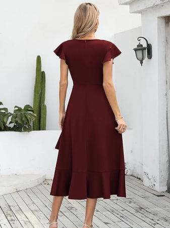 Rochie eleganta de vara,lungime peste genunchi, decolteu in V, fermoar ascuns pe spate, S visiniu [1]