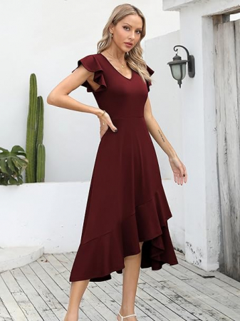 Rochie eleganta de vara,lungime peste genunchi, decolteu in V, fermoar ascuns pe spate, S visiniu [3]