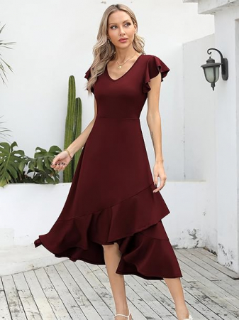 Rochie eleganta de vara,lungime peste genunchi, decolteu in V, fermoar ascuns pe spate, S visiniu [2]