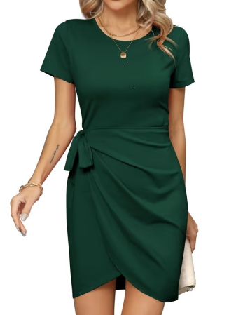 ROCHII - Rochie Verde casual de vara, scurta, cu maneci scurte, mulata, L