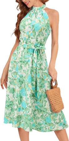ROCHII - Rochie alba cu flori verzi, eleganta, peste genunchi, fara mâneci, L