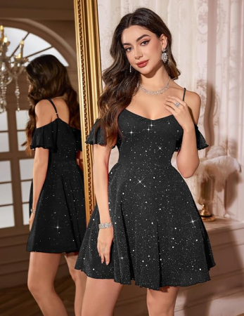Rochie neagra eleganta, deasupra la genunchi, umeri goi, mulata, M [3]