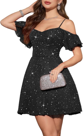 ROCHII - Rochie neagra eleganta, deasupra la genunchi, umeri goi, mulata, M