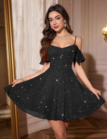 Rochie neagra eleganta, deasupra la genunchi, umeri goi, mulata, M [1]