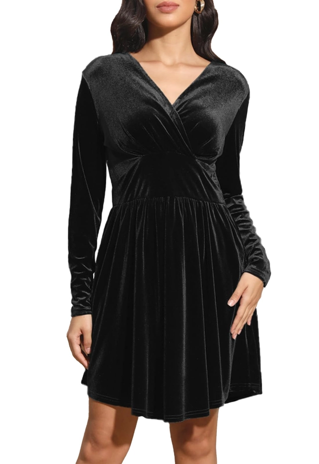 ROCHII - Rochie eleganta din catifea pentru femei peste genunchi, mâneci lungi, neagra XL