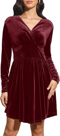 ROCHII - Rochie eleganta din catifea pentru femei peste genunchi, mâneci lungi, Visinie 2XL