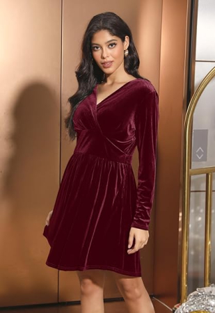 Rochie eleganta din catifea pentru femei peste genunchi, mâneci lungi, Visinie S [2]