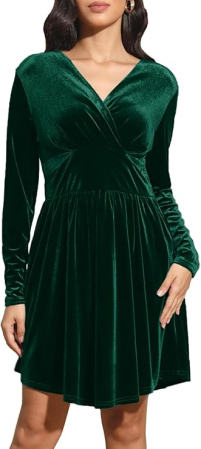 ROCHII - Rochie eleganta din catifea pentru femei peste genunchi, mâneci lungi, Verde S