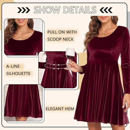 Rochie eleganta din catifea pentru femei deasupra la genunchi, mâneci lungi, Visinie M [5]