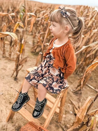 Set crem Fetițe 2 Piese, Rochie Florală și Cardigan din Catifea, Mâneci Lungi, 9-12 luni [1]