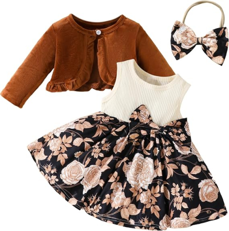 Rochii fete - Set crem Fetițe 2 Piese, Rochie Florală și Cardigan din Catifea, Mâneci Lungi, 9-12 luni